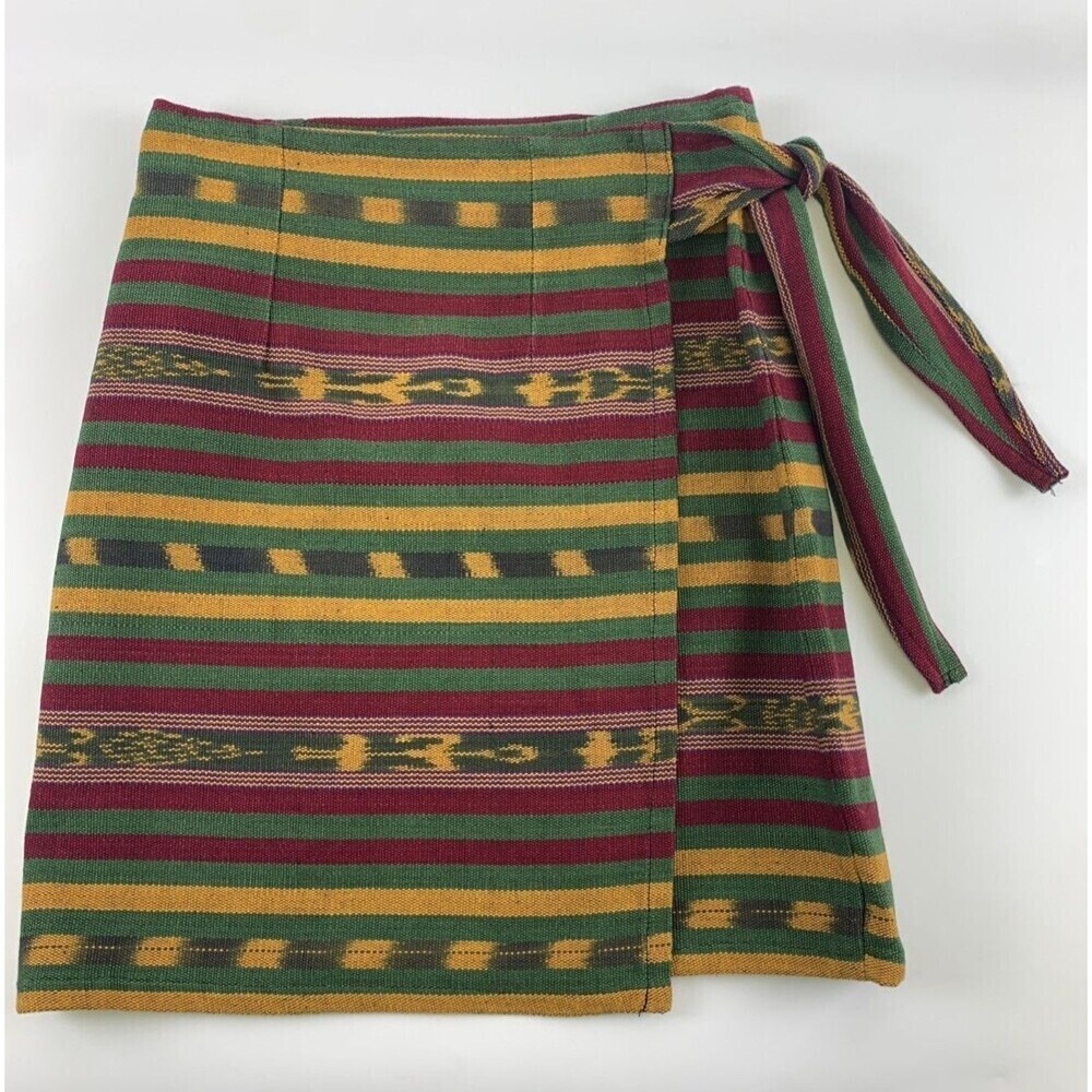Ana’s Fashions Cotton Wrap Mini Skirt Patterned Striped Green Yellow Women Small